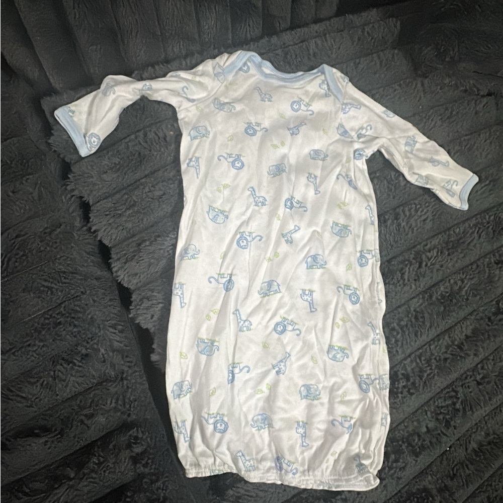 White Baby Gown with Blue and Green Animal Print